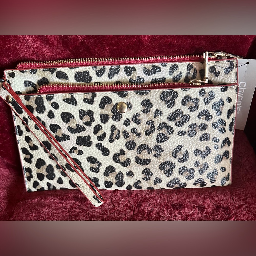 Chico's Royal Leopard RFID Red Brown Wristlet 2 PC